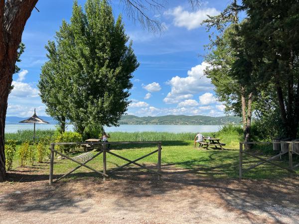 Green area along lake, with picnic table, benches, bike racks and views of Lake Trasimeno and hills.